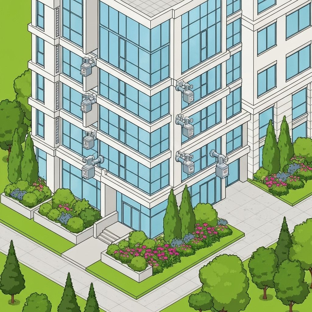 Ilustração isométrica de prédio residencial com hidrômetros individualizados e paisagismo verde