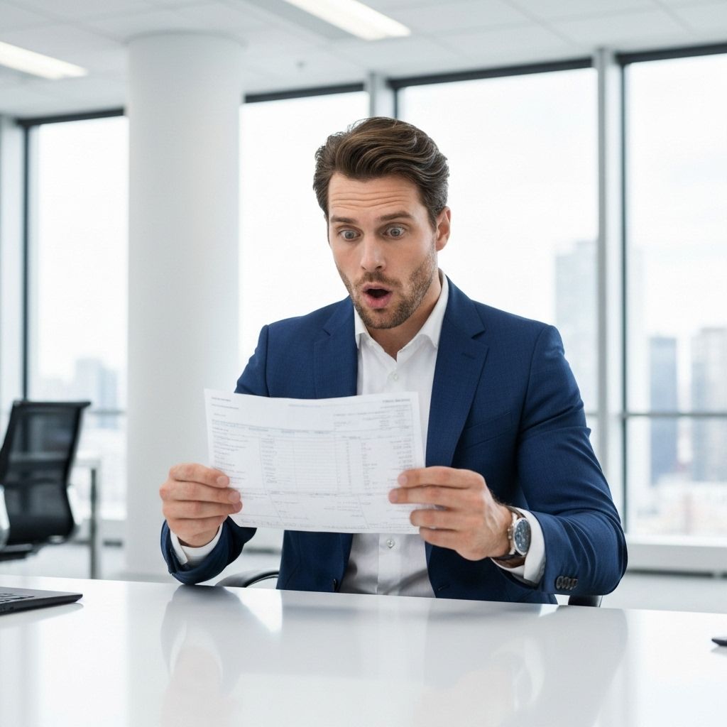 Empresário surpreso com conta de água alta, demonstrando a necessidade de individualização