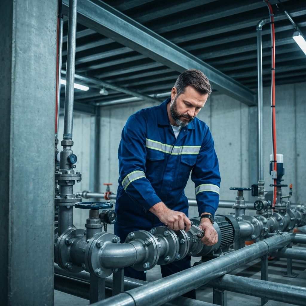 Técnico especializado realizando manutenção em sistema de bomba de água em edifício moderno