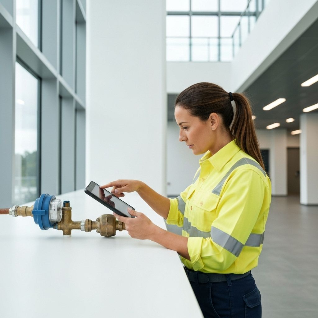 Técnico profissional realizando leitura de hidrômetros com tablet digital em edifício moderno