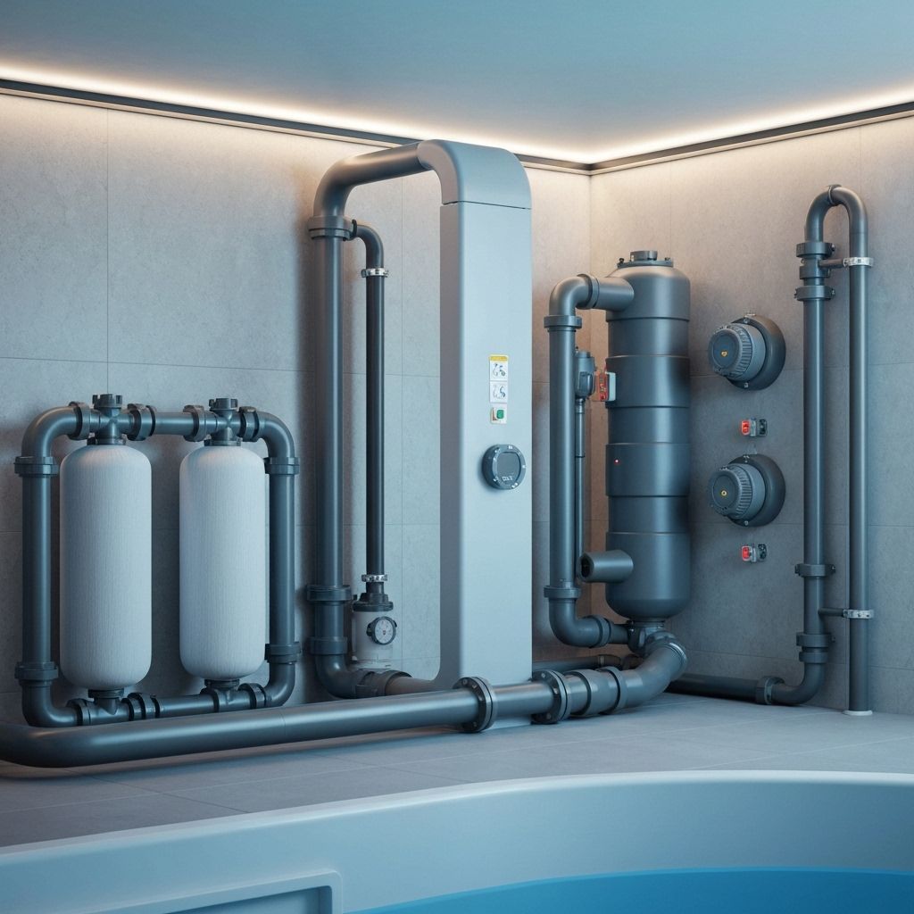 Sistema de segurança de piscina com dispositivo anti-sucção, casa de máquinas moderna